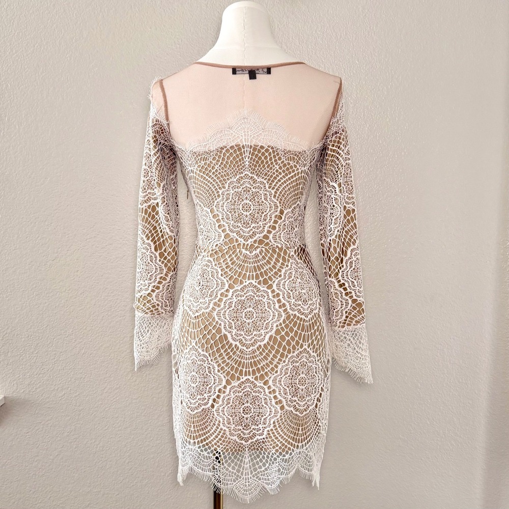 For Love & Lemons Grace Bridal Ivory Lace Mini Dress XS Nude Mesh Long Sleeve - Picture 10 of 16